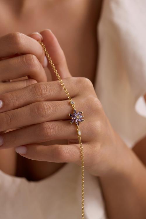 925 Ayar Gümüş Gold Kaplama Doç Zincirli Mor Taşlı Lotus Çiçeği Bileklik