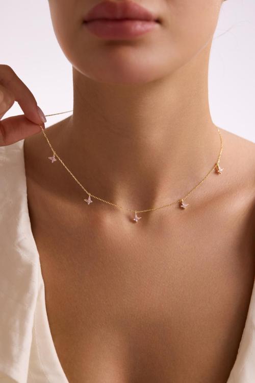 925 Ayar Gümüş Gold Kaplama Pembe Taşlı Şans Kelebek Kolye