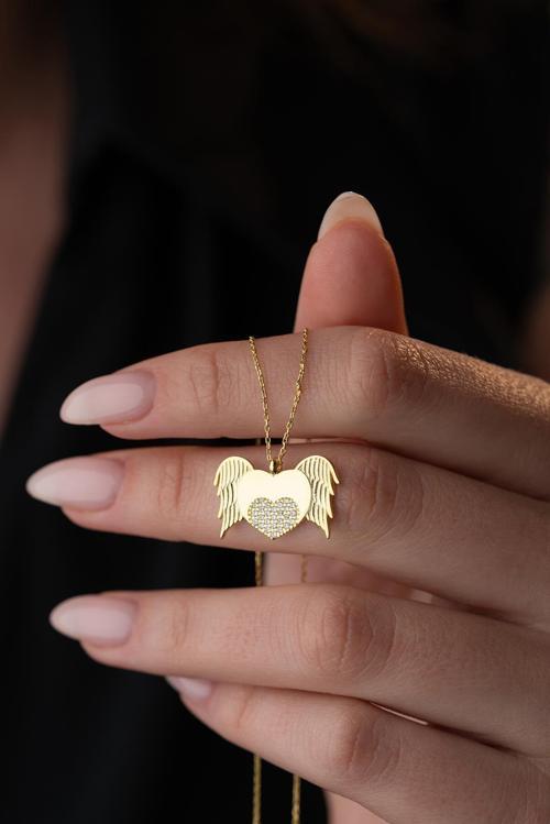 925 Ayar Gümüş Gold Kaplama Zirkon Taşlı Uçuşan Kalp Kolye