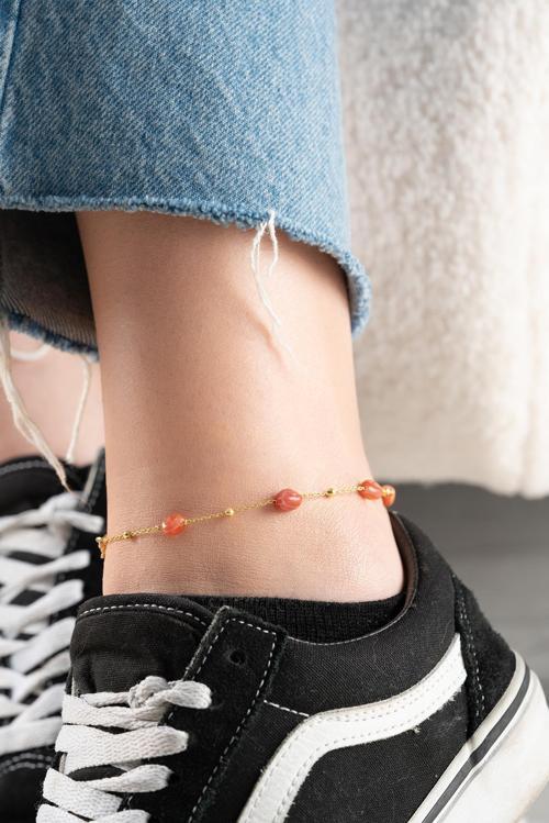 925 Ayar Gümüş Gold Kaplama Top Zincirli Mercan Doğal Taşlı Halhal