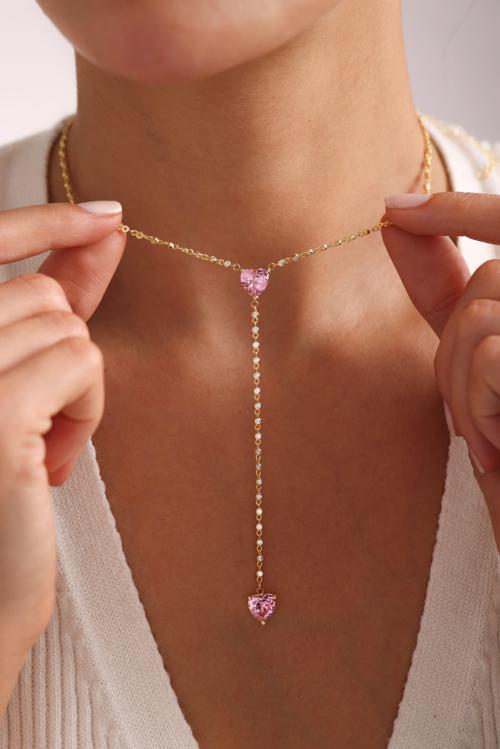 925 Ayar Gümüş Gold Kaplama Zirkon Taş Zincirli Çift Pembe Kalp  Kolye