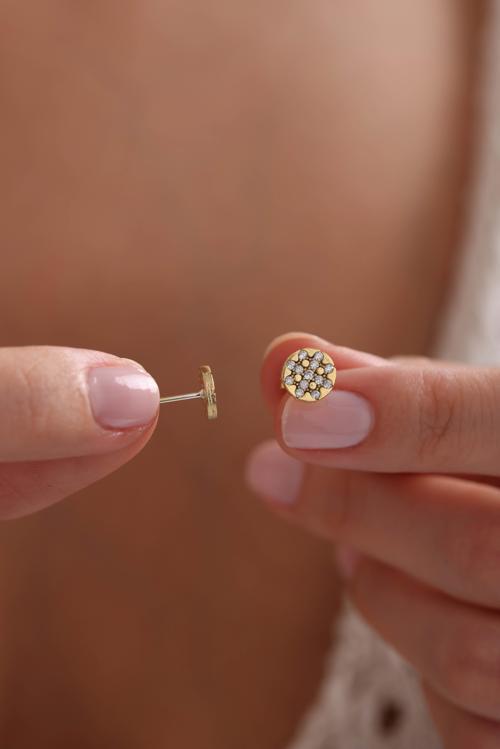 925 Ayar Gümüş Gold Kaplama Zirkon Taşlı Yuvarlak Model Minik Küpe