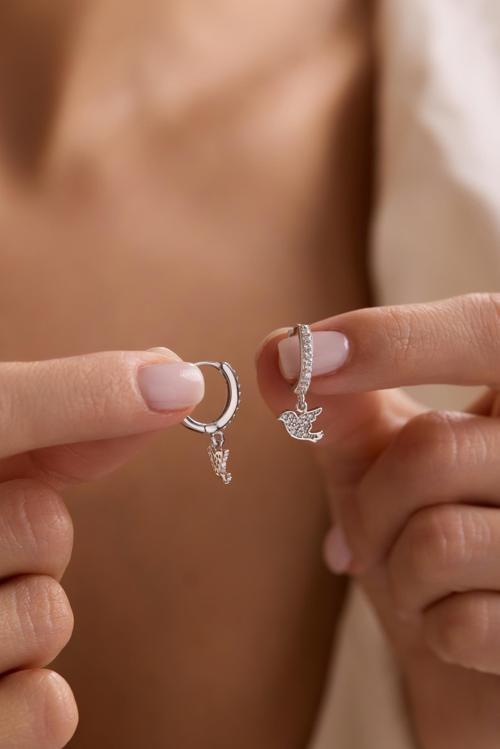 925 Ayar Gümüş Rodyum Kaplama 10 mm Sallantılı Kuş Model Küpe