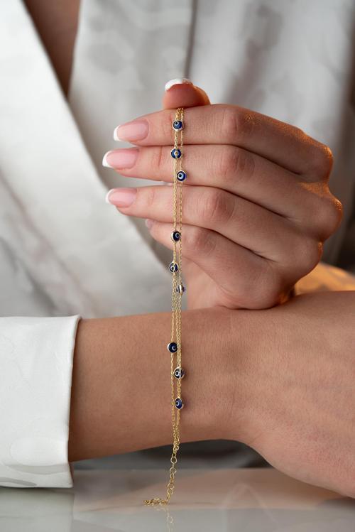 925 Ayar Gümüş Gold Mavi Renkli 3 Sıra Zincirli Nazar Göz Bileklik