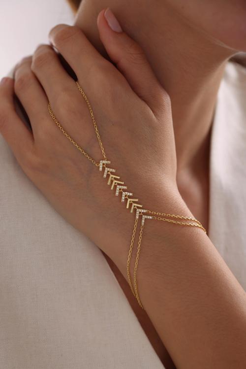 925 Ayar Gümüş Gold Kaplama Zirkon Taşlı Başak Model Şahmeran Bileklik 