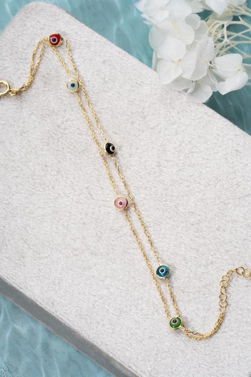 925 Ayar Gümüş Gold Mix Renkli 2 Sıra Zincirli Nazar Göz Bileklik