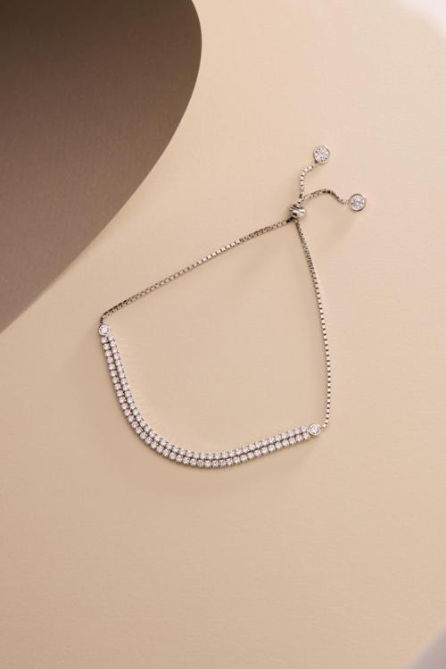 925 Ayar Gümüş Rodyum Kaplama Ayarlanabilir Asansörlü 2 mm Zirkon Taşlı Çift Sıra Su Yolu Bileklik