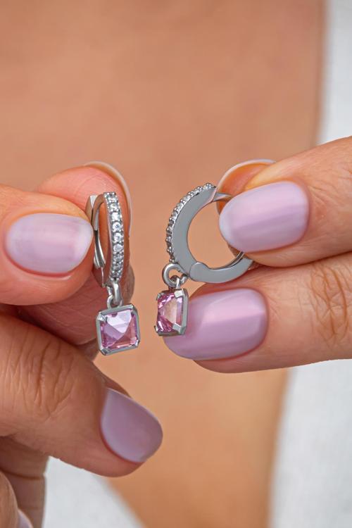 925 Ayar Gümüş Rodyum Kaplama 12 mm Kare Pembe Taşlı Halka Küpe