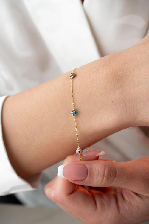 925 Ayar Gümüş Gold Mix Renkli Tek Sıra Nazar Göz Bileklik