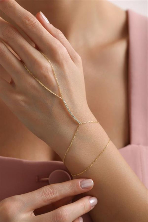 925 Ayar Gümüş Gold Kaplama Zirkon Taşlı Çubuk Model Şahmeran Bileklik