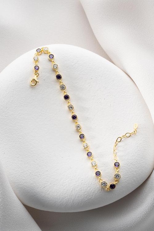 925 Ayar Gümüş Gold Mor Taşlı Yuvarlak Tasarım Bileklik