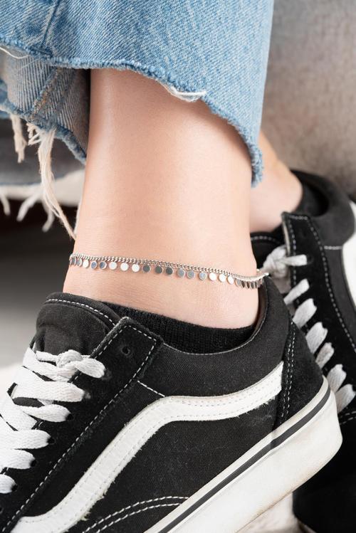 925 Ayar Gümüş Rodyum Kaplama Gurmet Zincirli Yuvarlak Pullu Halhal