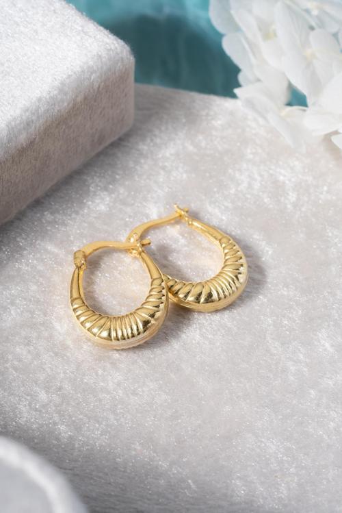 925 Ayar Gümüş Gold Rengi Çizgili Oval Tasarım Şarnel Küpe