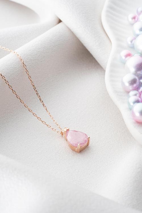 925 Ayar Gümüş Pembe Taşlı Damla Model Kolye