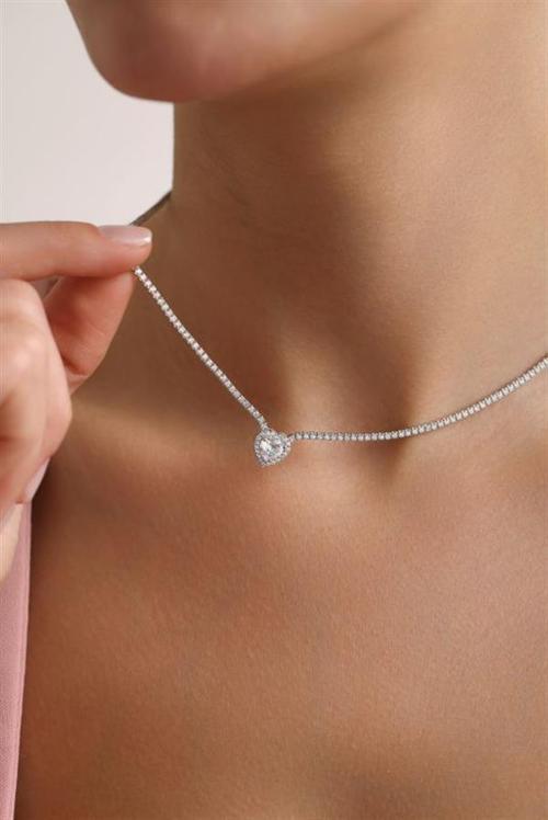 925 Ayar Gümüş Rodyum Kaplama Beyaz Taşlı Suyolu Kolye