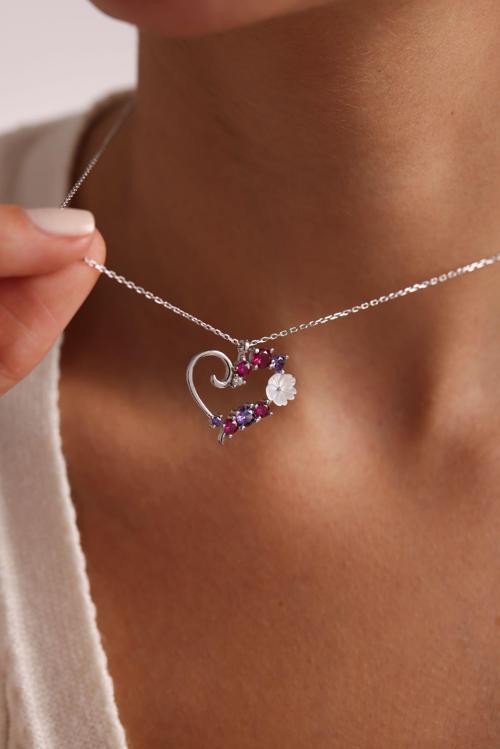 925 Ayar Gümüş Rodyum Kaplama Manolya Çiçeği Renkli Taşlı Kalp Kolye