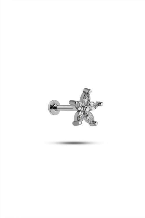 925 Ayar Gümüş Rodyumlu Minimal Tırnaklı Kır Çiçeği Tragus Piercing Küpe