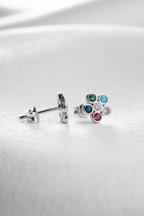 925 Ayar Gümüş Rodyum Kaplama Minik Mix Taşlı Kır Çiçeği Küpe