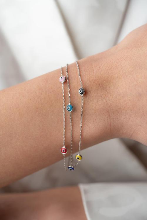 925 Ayar Gümüş Rodyumlu Mix Renkli 3 Sıra Zincirli Nazar Göz Bileklik