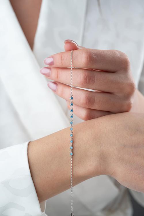 925 Ayar Gümüş Rodyum Kaplama Minik Sıralı Aquamarin Taşlı Bileklik