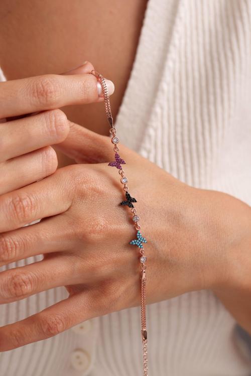 925 Ayar Gümüş Rose Kaplama 3'Lü Model Kelebek Bileklik Bileklik