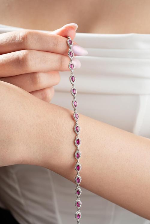 925 Ayar Gümüş Rodyumlu Sıralı Pembe Damla Zirkon Taşlı Bileklik