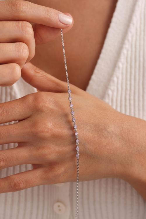 925 Ayar Gümüş Rodyum Kaplama Minik Sıralı Pembe Zirkon Taşlı Bileklik