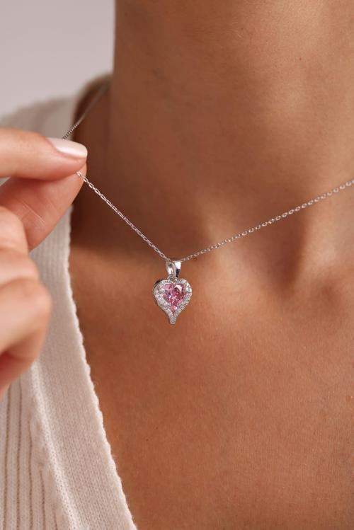 925 Ayar Gümüş Rodyum Kaplama Pembe Taşlı Kalp Kolye
