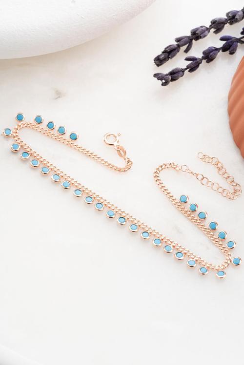 925 Ayar Gümüş Rose Kaplama Gurmet Zincirli Turkuaz Taşlı Halhal