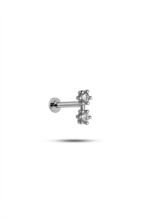 925 Ayar Gümüş Rodyumlu Minimal 2 Zirkon Taşlı Tragus Piercing Küpe