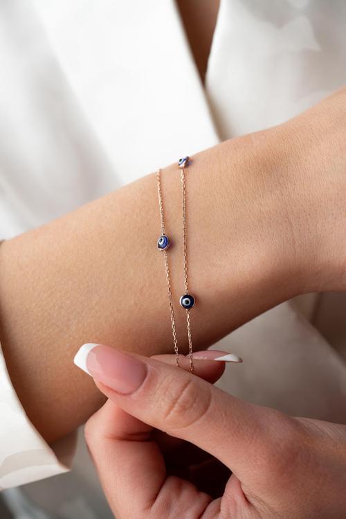 925 Ayar Gümüş Rose Mavi Renkli 2 Sıra Zincirli Nazar Göz Bileklik