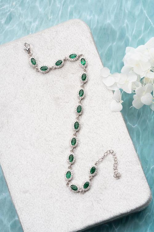 925 Ayar Gümüş Rodyumlu Sıralı Yeşil Taşlı Oval Model Bileklik