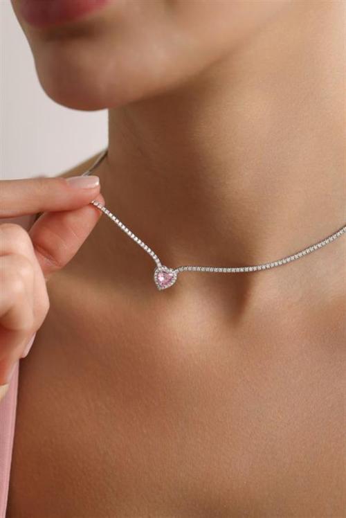 925 Ayar Gümüş Rodyum Kaplama Pembe Taşlı Suyolu Kolye