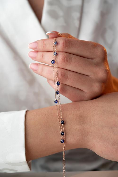 925 Ayar Gümüş Rose Mavi Renkli 3 Sıra Zincirli Nazar Göz Bileklik