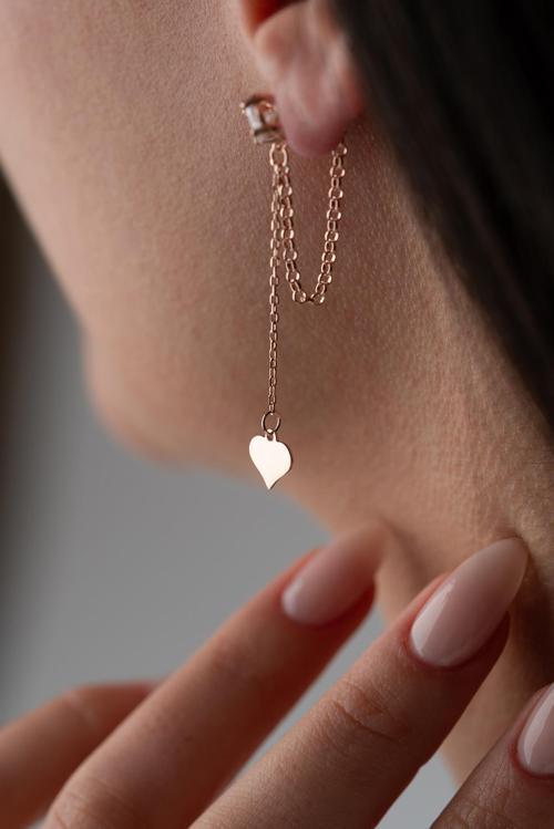 925 Ayar Gümüş Rose Kaplama 5 Mm Tektaş Sallantılı Zincir Sade Kalp Model Küpe