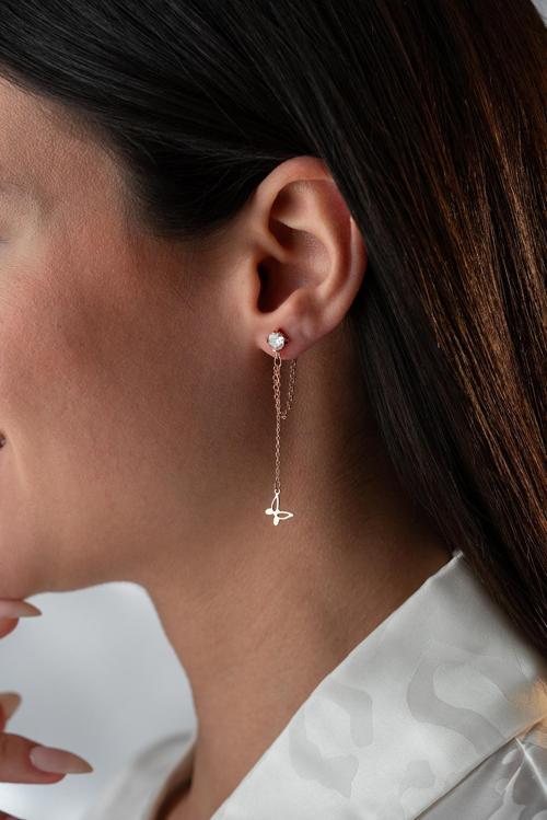 925 Ayar Gümüş Rose Kaplama 5 Mm Tektaş Sallantılı Zincir Sade Kelebek Küpe