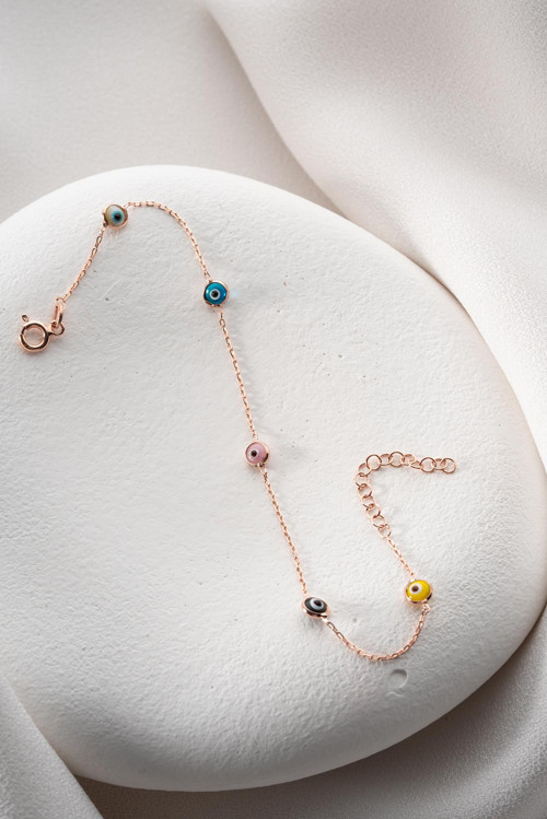 925 Ayar Gümüş Rose Mix Renkli Tek Sıra Nazar Göz Bileklik