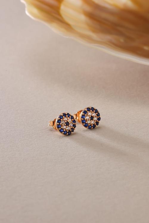 925 Ayar Gümüş Rose Kaplama Minimal Nazar Küpe