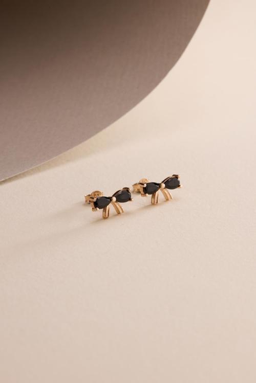 925 Ayar Gümüş Rose Kaplama Siyah Taşlı Papyon Model Küpe