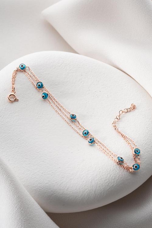 925 Ayar Gümüş Rose 3 Sıra Zincirli Nazar Göz Bileklik