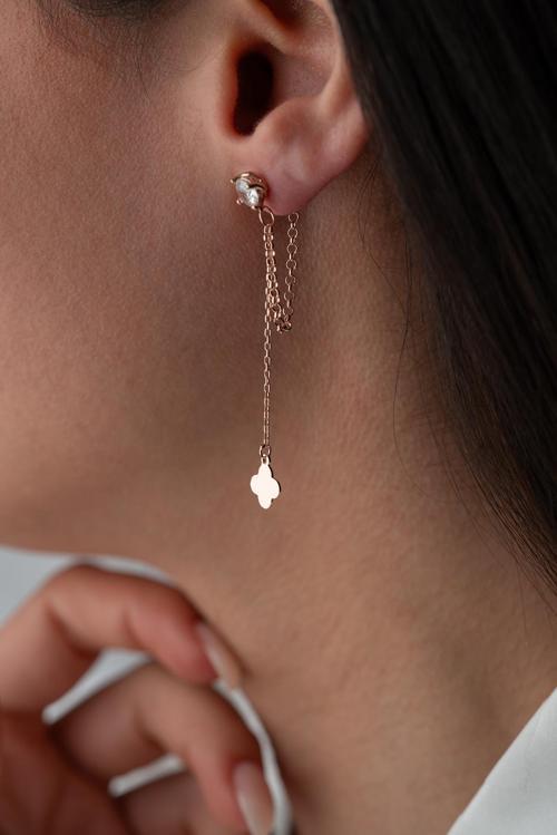 925 Ayar Gümüş Rose Kaplama 5 Mm Tektaş Sallantılı Zincir Sade Yonca Model Küpe