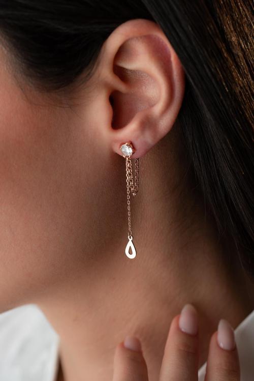 925 Ayar Gümüş Rose Kaplama 5 Mm Tektaş Sallantılı Zincir Su Damlası Model Küpe