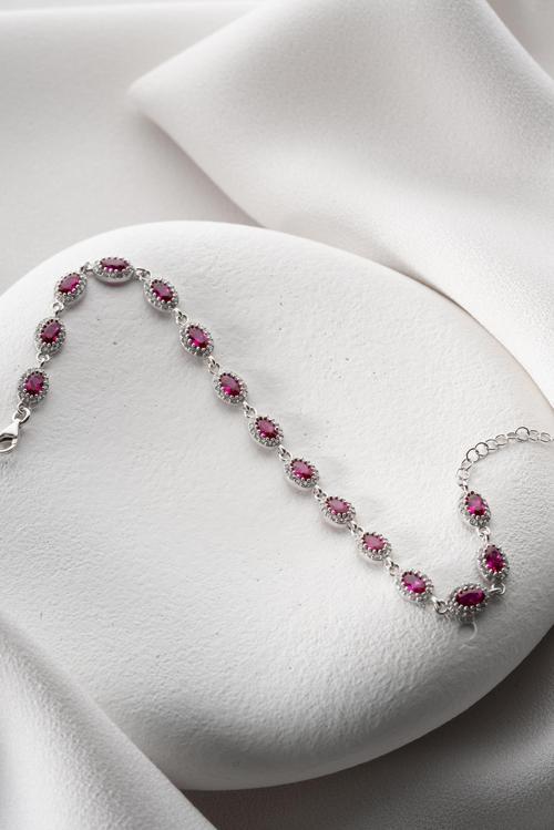 925 Ayar Gümüş Rodyumlu Sıralı Fuşya Renkli Taşlı Oval Model Bileklik