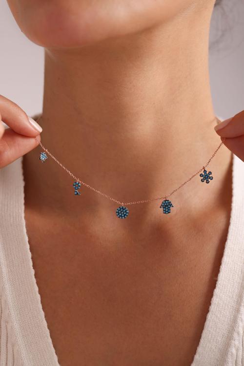 925 Ayar Gümüş Rose Kaplama Turkuaz Taşlı Şans Kolye