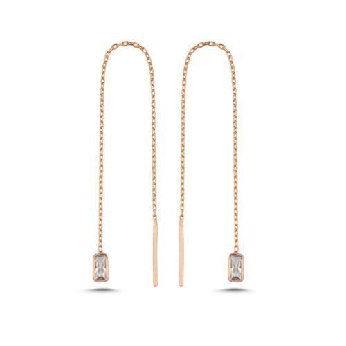 925 Ayar Gümüş Rose Kaplama Minik Baget Taşlı Zincir Küpe