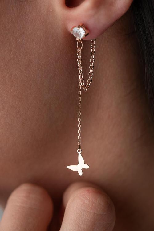 925 Ayar Gümüş Rose Kaplama 5 Mm Tektaş Sallantılı Zincir Taşsız Kelebek Küpe