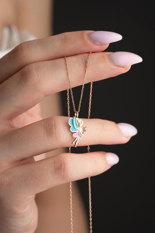 925 Ayar Gümüş Rose Kaplama Renkli Mineli Peri Kolye