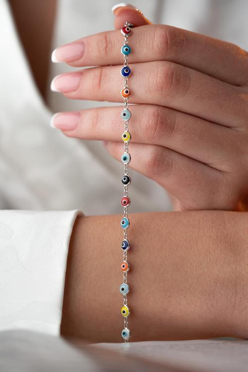 925 Ayar Gümüş Rodyumlu Sıralı Mix Renkli Nazar Göz Bileklik