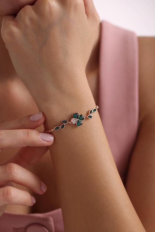 925 Ayar Gümüş Rose Kaplama Doç Zincir Yeşil Taşlı Yonca Bileklik 