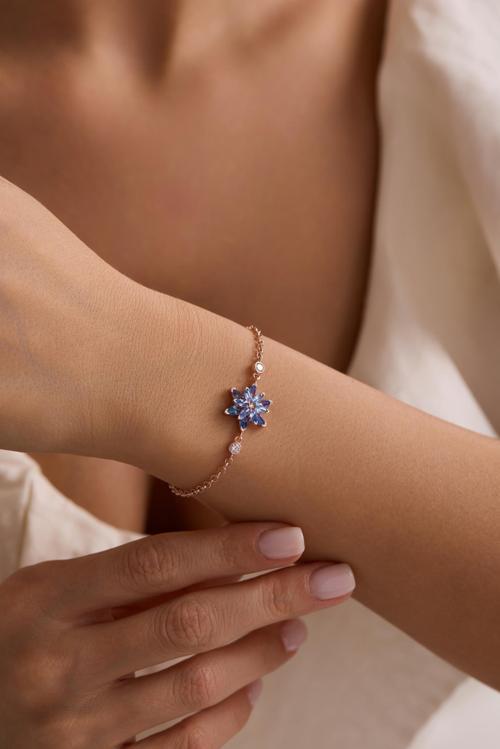 925 Ayar Gümüş Rose Kaplama Doç Zincirli Aquamarin Taşlı Lotus Çiçeği Bileklik